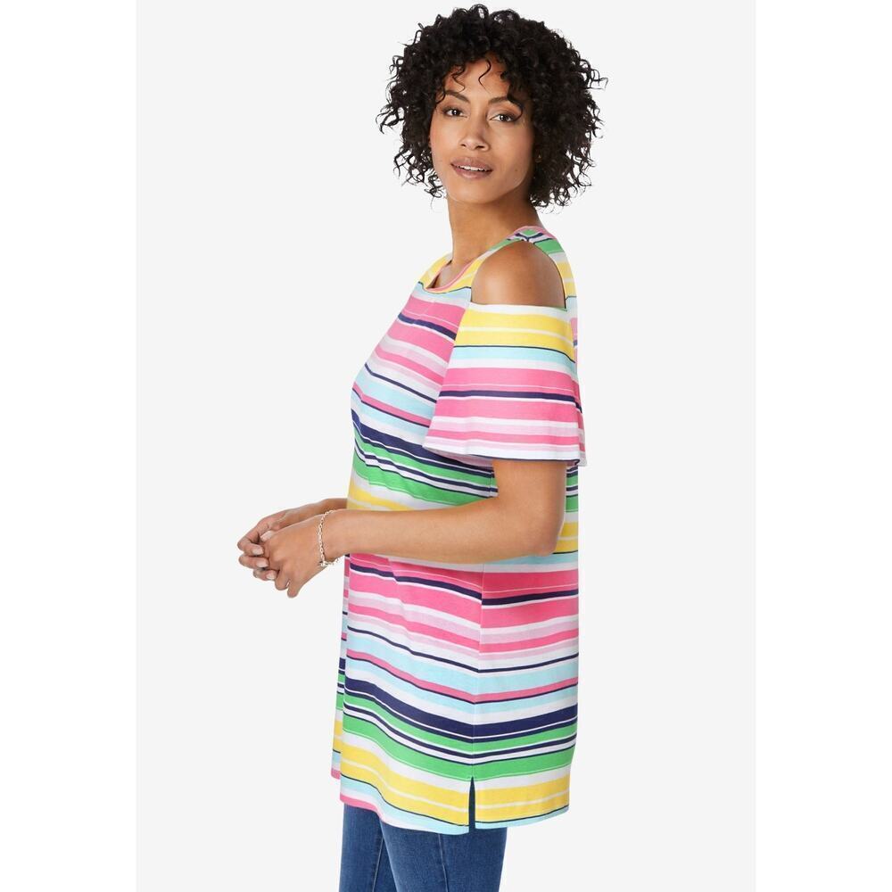 Woman Within Size 30 32 Short Sleeve Cold Shoulder Tee Top Rainbow Stripe